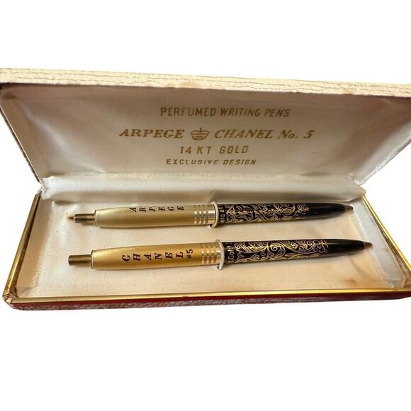 Vintage Chanel No.5 & Arpege 24kt Gold Filigree Perfumed Pens Set in Case - Picture 1 of 8